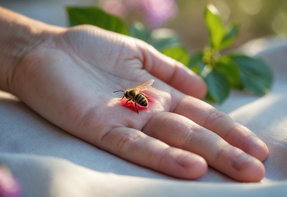 Close-up of a hand with a red, swollen bee sting on the back surrounded by slight inflammation.