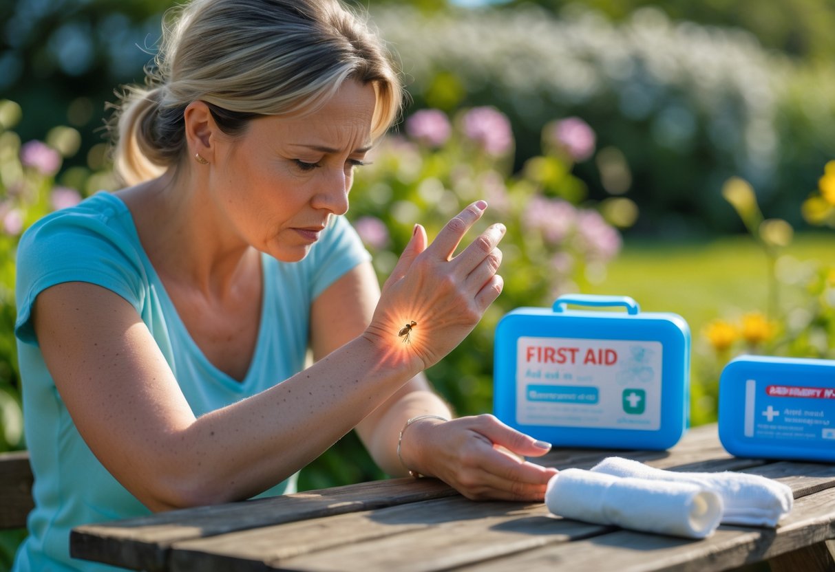 A woman outdoors looking at a red swollen bee sting on her forearm with a first aid kit nearby on a picnic table.