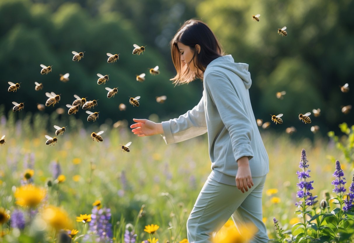 A person calmly walking away from bees flying near flowers in a garden.
