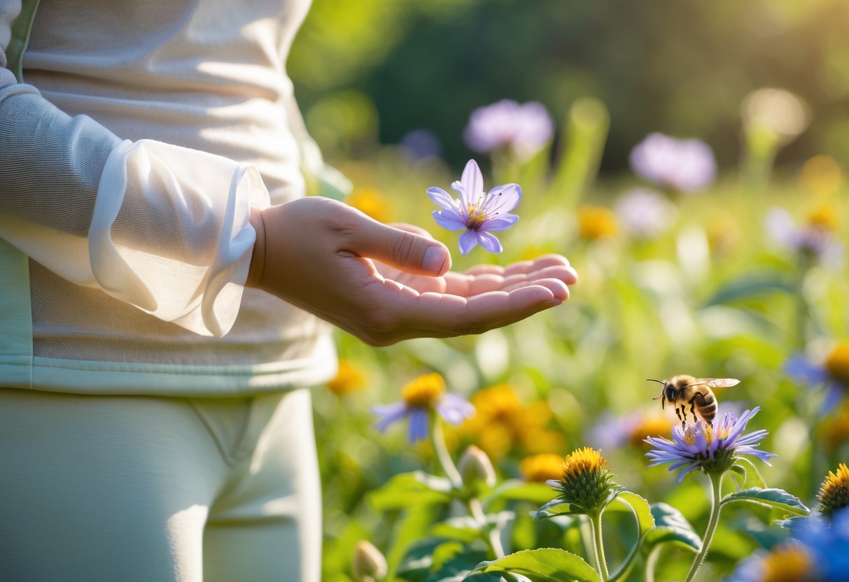 Person calmly holding a flower outdoors with a honeybee nearby in a garden setting.