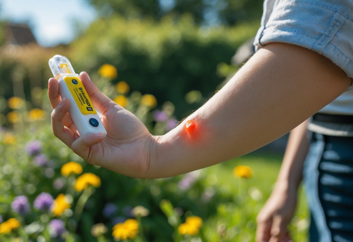 A person outdoors holding an EpiPen near a swollen red bee sting on their arm.