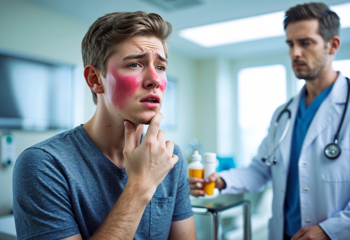 A young adult showing mild facial swelling and touching their throat while a healthcare professional watches in a medical room.