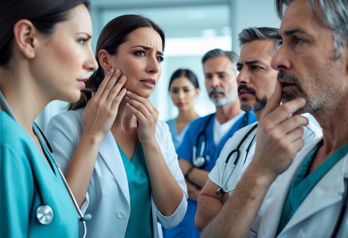 Several adults in a medical setting showing mild signs of an allergic reaction, such as touching the throat, facial redness, and slight swelling.