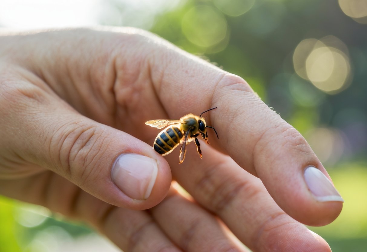 Close-up of a person's hand with a bee sting on the finger, about to squeeze the sting area.