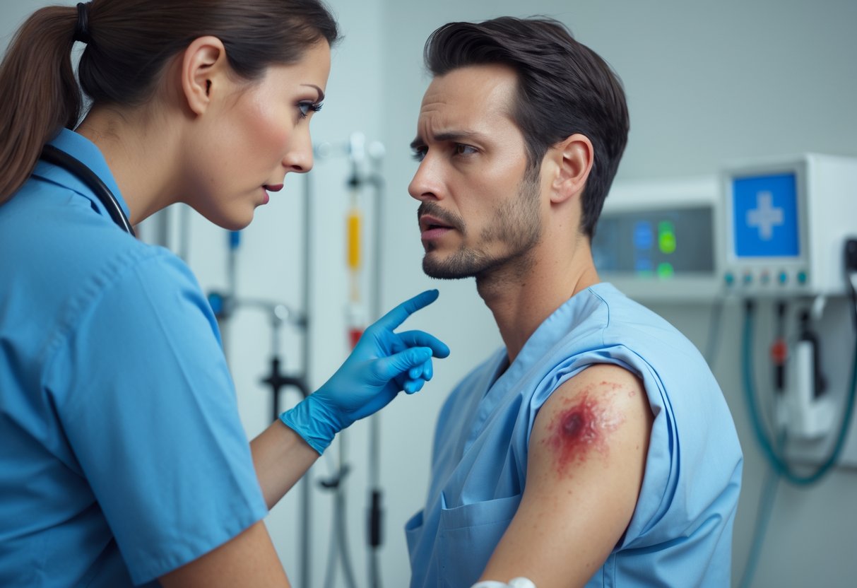 A healthcare professional attentively examining a young adult showing mild allergy symptoms in a clinical setting.