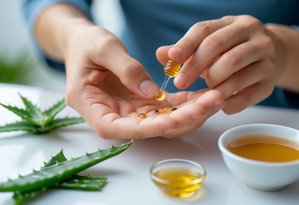 A person applying a natural remedy to a bee sting on their hand with aloe vera leaf and honey nearby.