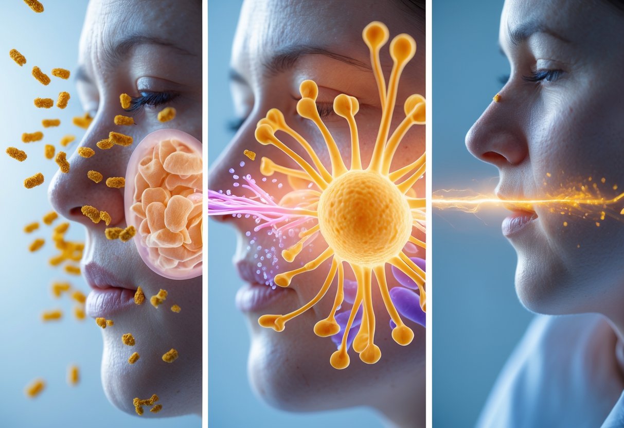 Three-panel image showing allergen exposure, immune cell activation, and a person experiencing allergy symptoms like sneezing and skin rash.