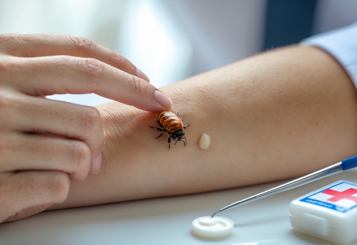 A person examining a swollen red bee sting on their forearm with a first aid kit nearby.