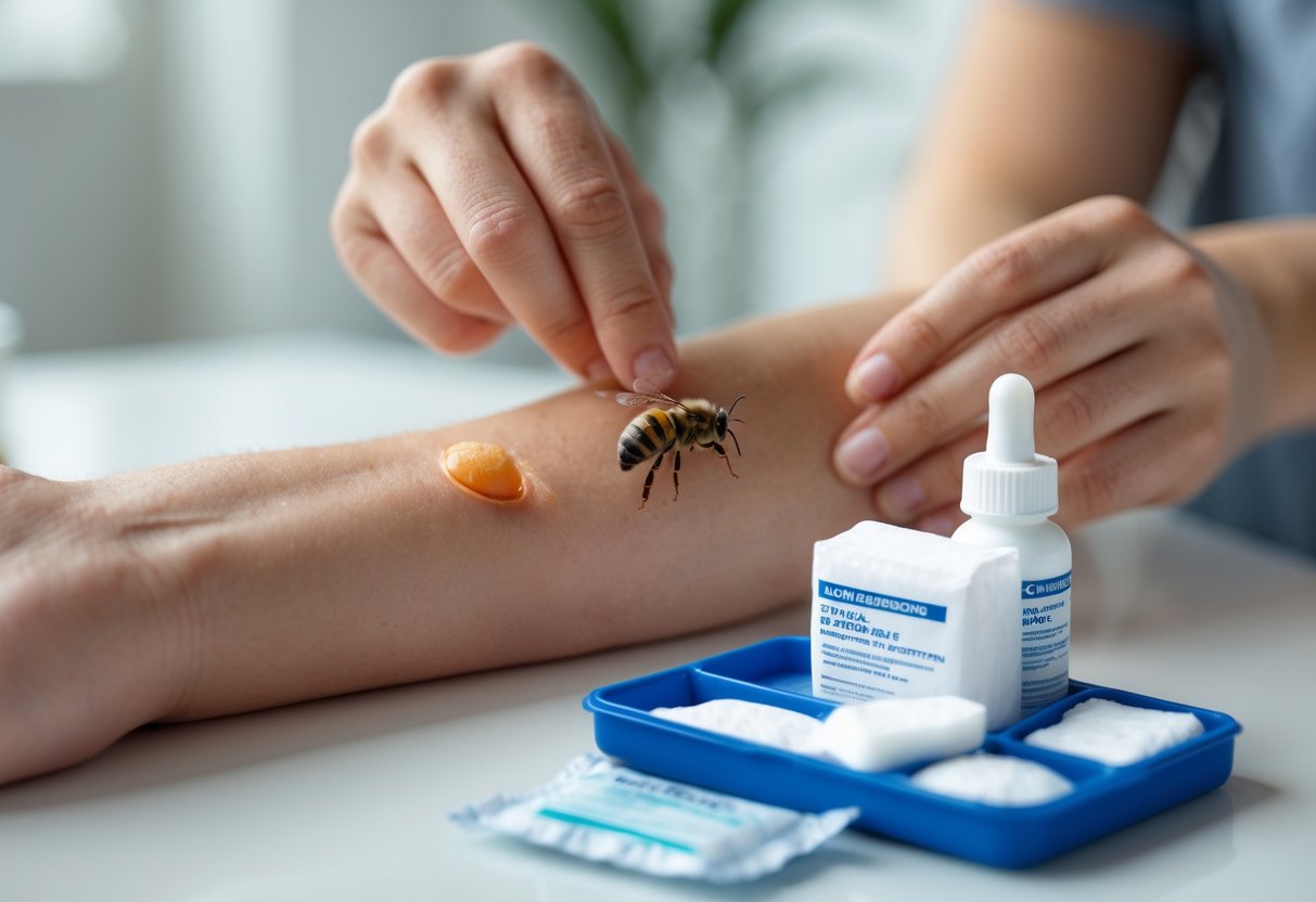 Close-up of a person's forearm with a swollen bee sting being examined, with first aid supplies nearby.