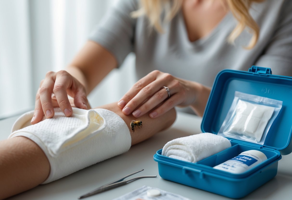 A person applying a cold compress to a bee sting on their arm with a first aid kit nearby.