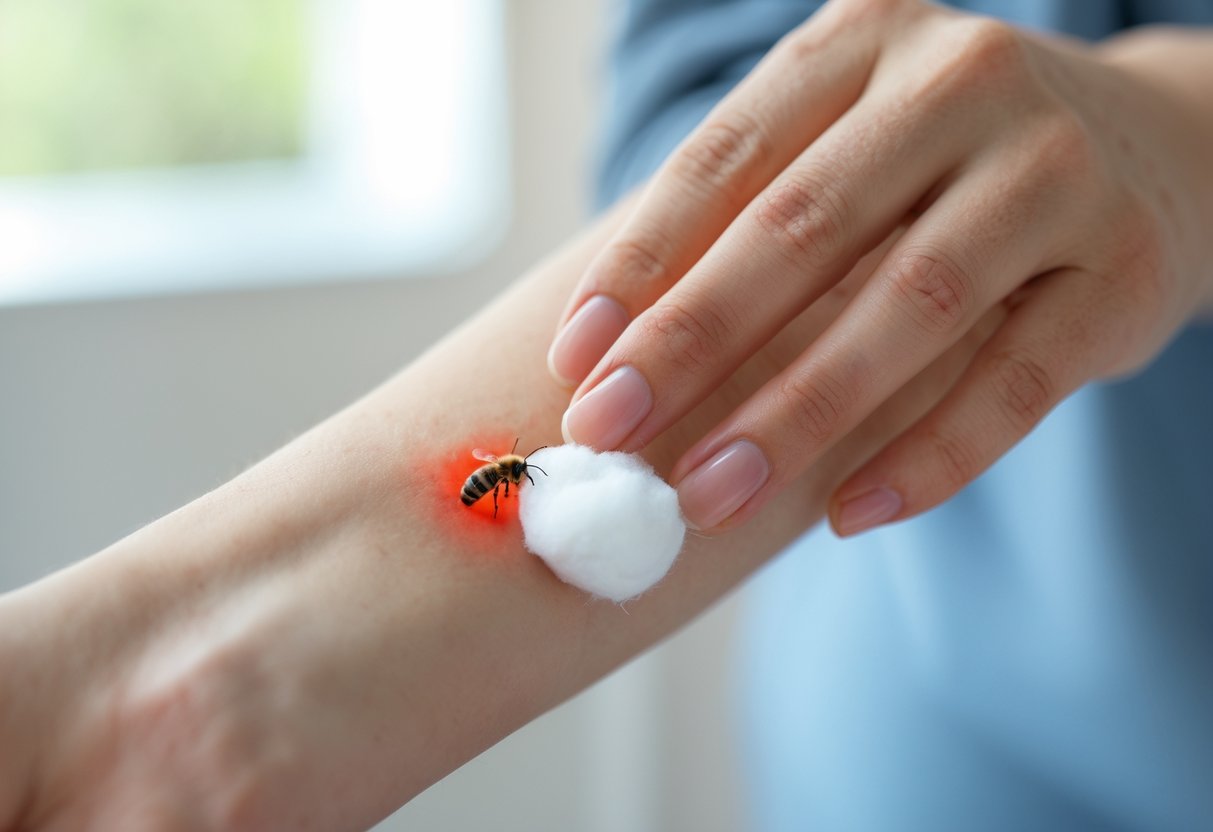 A person applying white vinegar with a cotton ball to a swollen bee sting on their forearm.