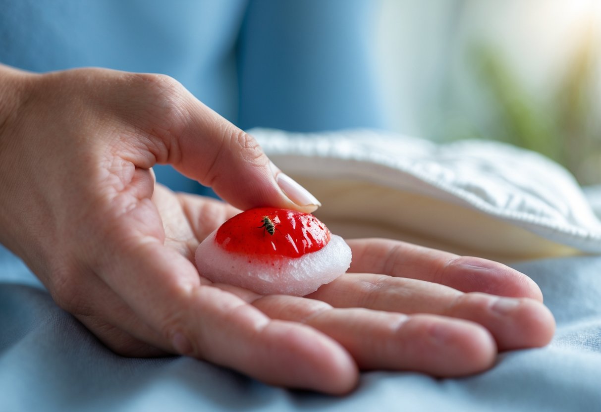 Close-up of a hand with a red swollen bee sting being treated with a cold compress.