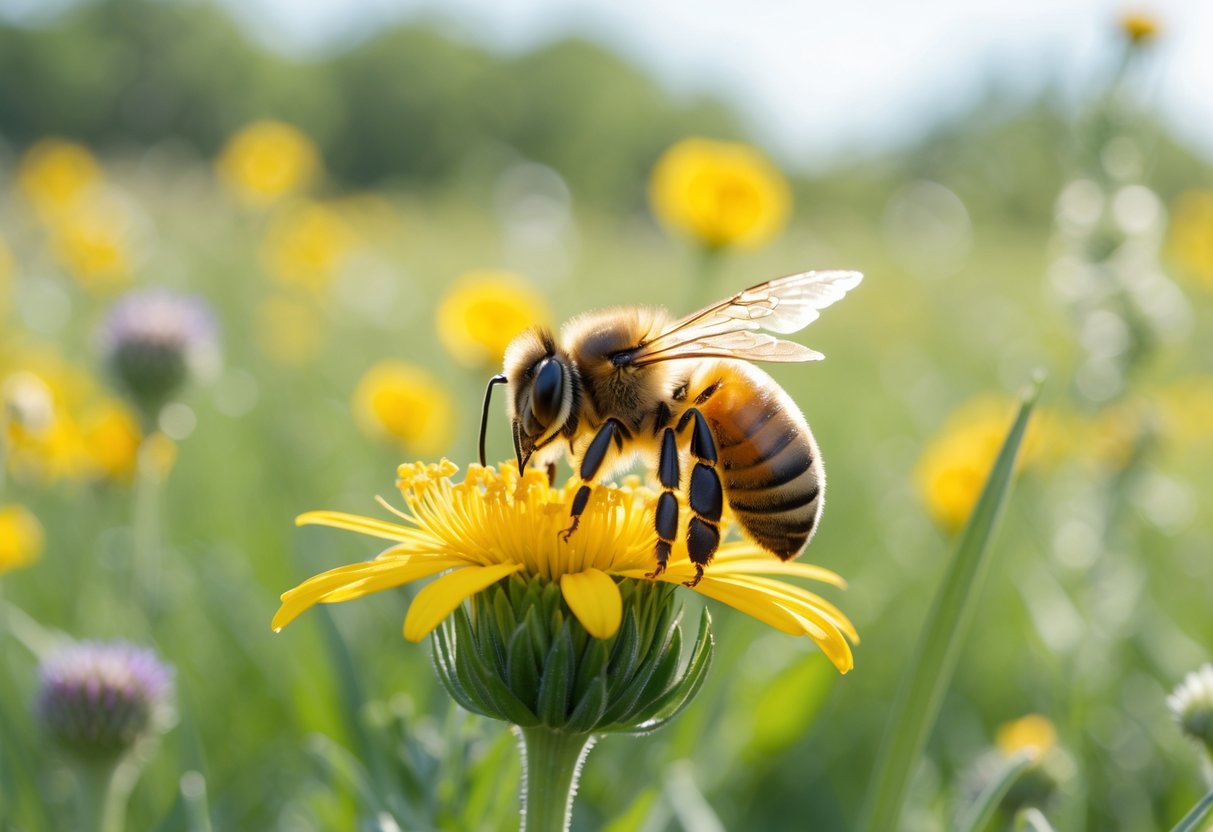 A honeybee sitting on a yellow flower in a sunlit meadow with green plants and flowers in the background.