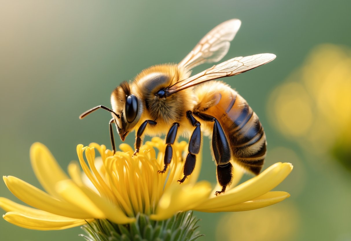 A close-up of a honeybee landing on a yellow flower with a blurred natural background.