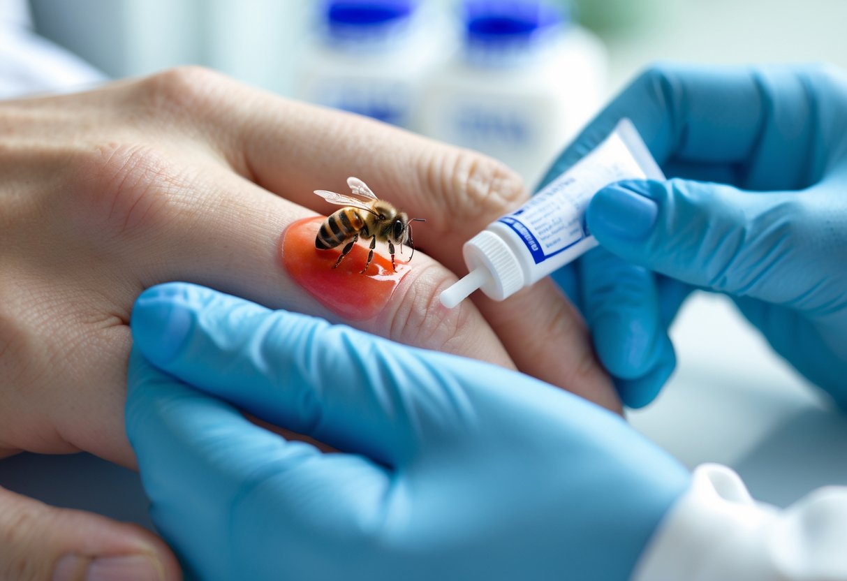 Close-up of a swollen finger with a bee sting being examined by a medical professional wearing gloves.