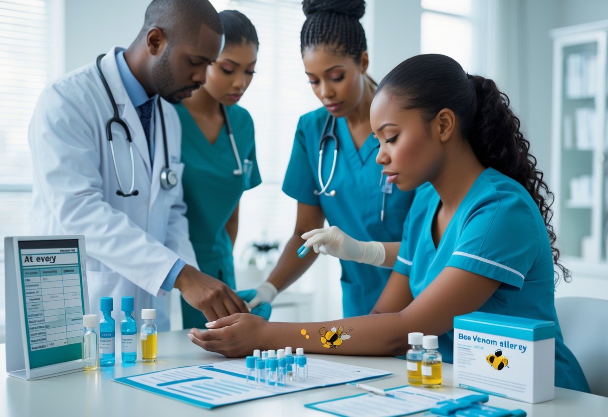 A doctor and nurse examining a patient's arm with a bee sting in a bright medical clinic.