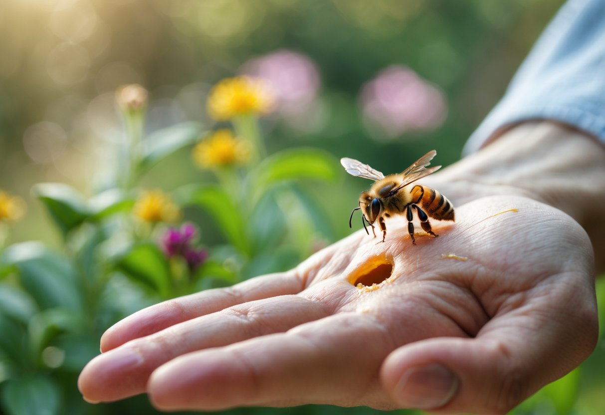 Close-up of a human hand with a bee sting showing mild redness and a bee flying nearby in a garden.