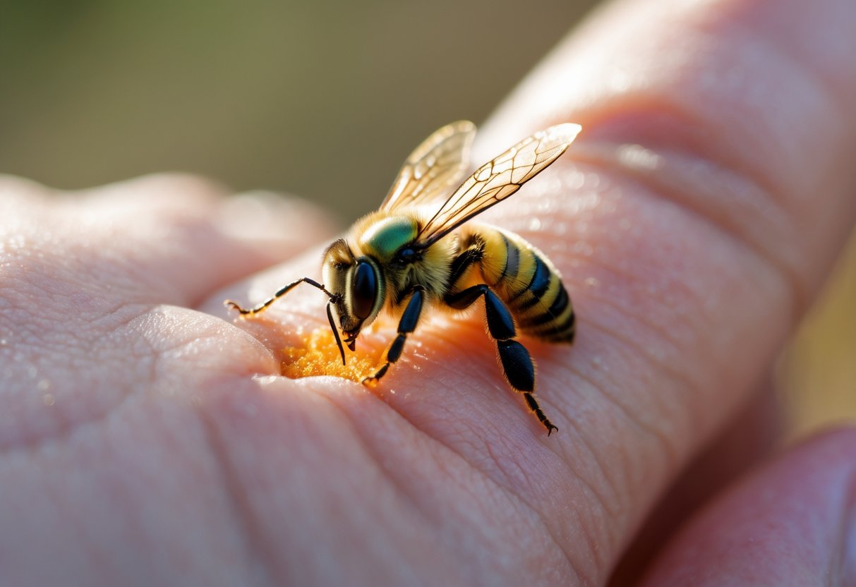 Close-up of a human hand with a small sweat bee on the skin, showing slight redness around the sting area.