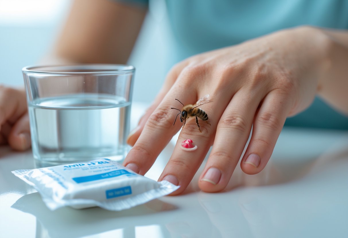 Close-up of a hand with a bee sting showing redness and swelling, next to a glass of water and a first aid kit on a white surface.