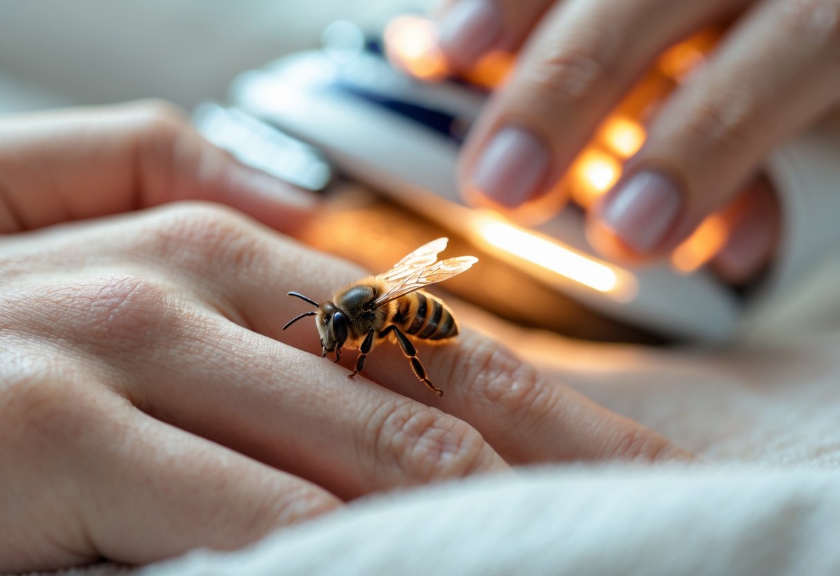 A close-up of a hand with a bee sting on the finger while a person incorrectly applies heat near the sting.