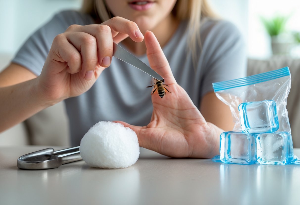 Close-up of a person's swollen hand with redness from a bee sting, surrounded by common household items used incorrectly for treatment.