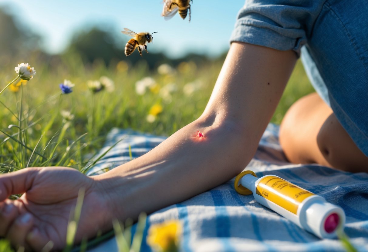 Close-up of a person's arm with a red bee sting mark outdoors, a honeybee flying nearby, and an epinephrine auto-injector on a picnic blanket in the background.
