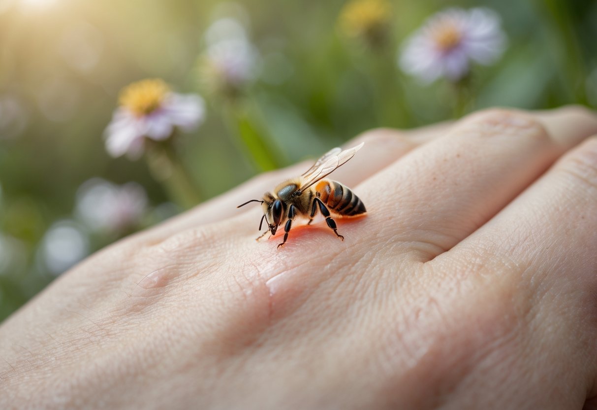 Close-up of a hand with a visible bee sting and slight redness, outdoors with flowers in the background.