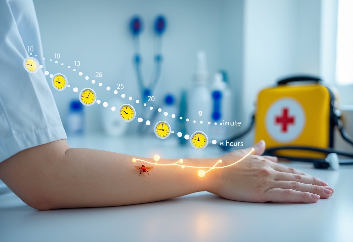 Close-up of a human arm with a bee sting mark and a graphical timeline overlay indicating the progression of anaphylaxis after the sting, with medical equipment blurred in the background.