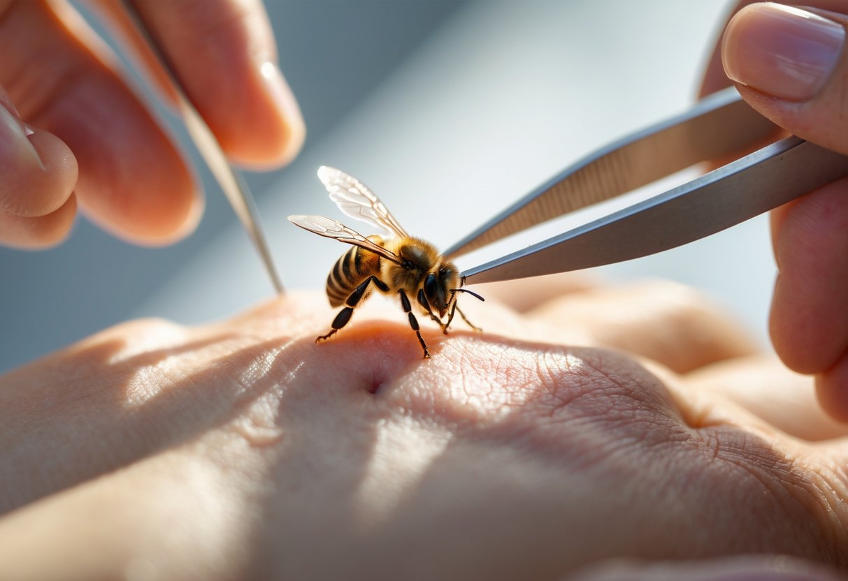 A close-up of a person carefully removing a bee sting from their skin with tweezers.