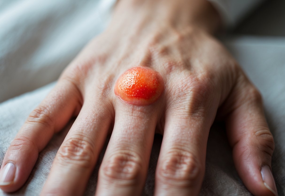Close-up of a swollen, red area on the back of a hand showing a bee sting reaction.