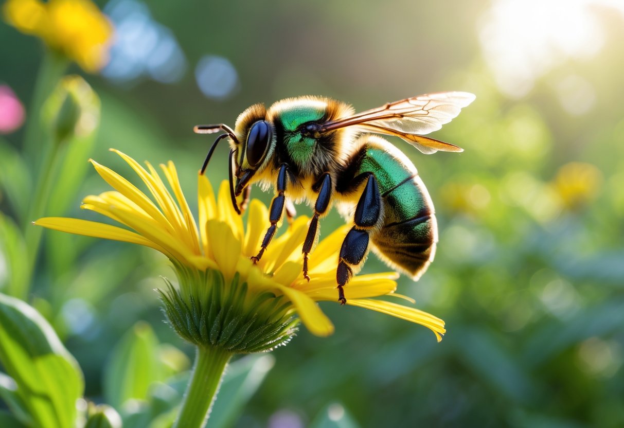 Close-up of a sweat bee on a yellow flower in a garden with green foliage in the background.