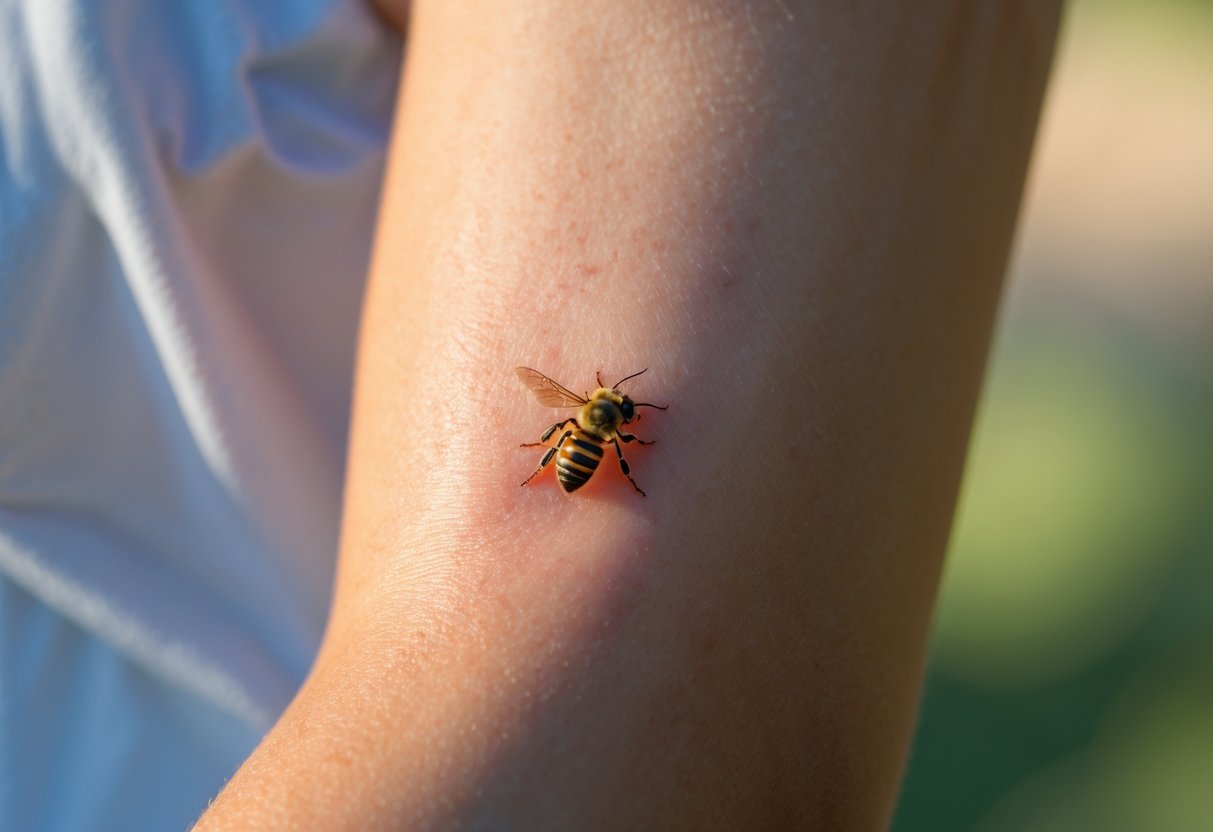 Close-up of a human arm with a slightly red and swollen bee sting site.