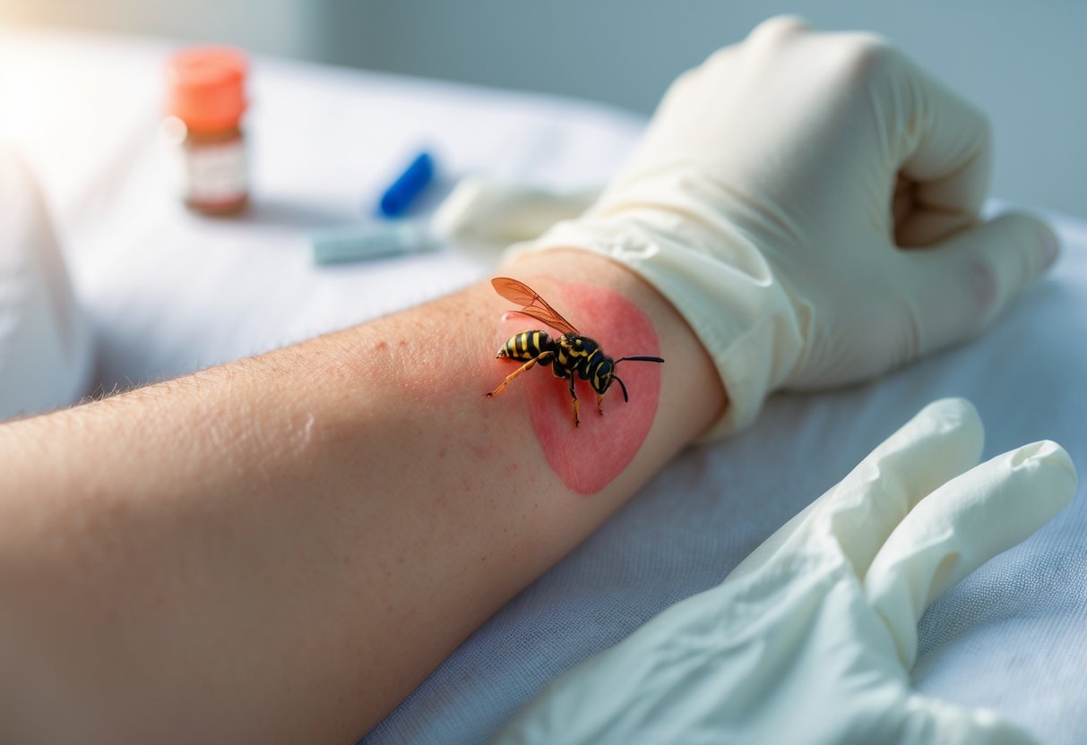 Close-up of a forearm with a red, swollen wasp sting mark and surrounding skin irritation.