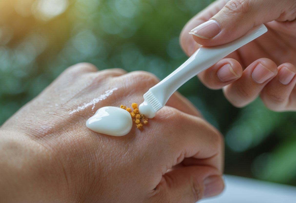 A person applying white toothpaste to a red, swollen bee sting on their hand outdoors.