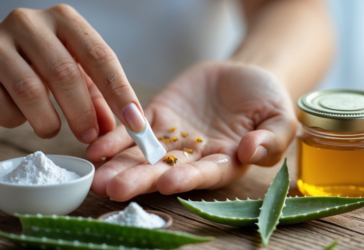 Close-up of a hand with a bee sting being treated with toothpaste, surrounded by natural home remedy items like aloe vera leaves, baking soda, and honey on a wooden surface.