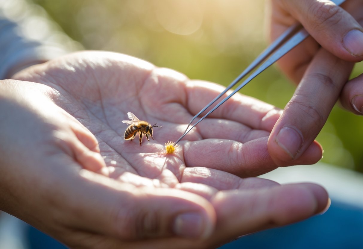 Close-up of a person's hand with a bee stinger embedded in the skin being carefully removed with tweezers.