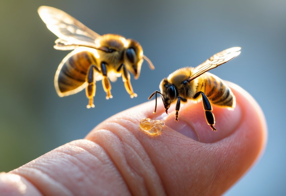 Close-up of a finger with a bee stinger embedded and slight redness around it, with a bee flying nearby.