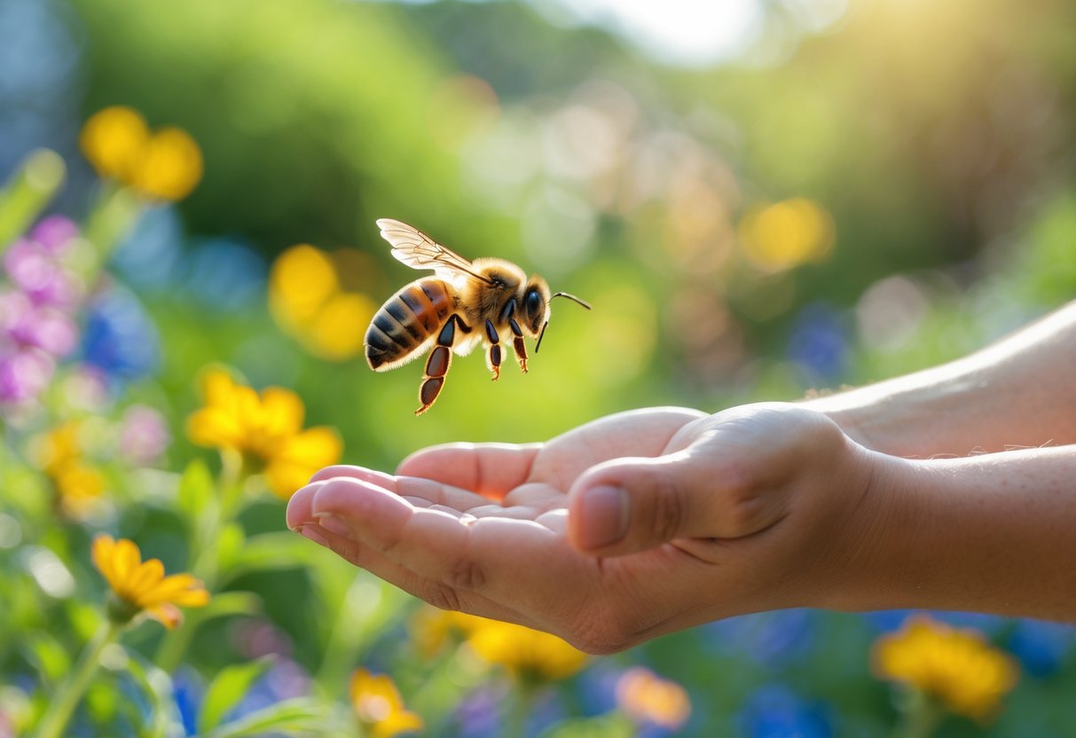 A person calmly holding out their hand near a honeybee hovering in a garden with flowers.
