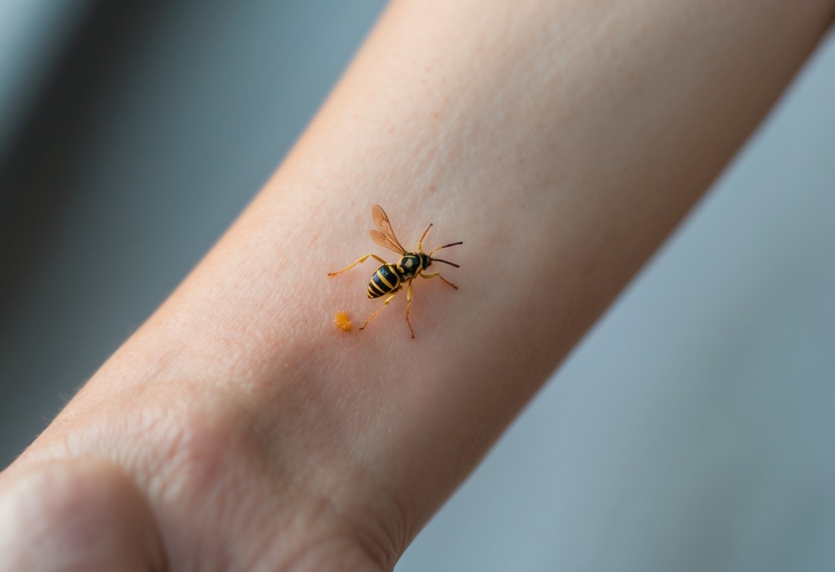Close-up of a forearm with mild redness and swelling from a wasp sting two days after the injury.