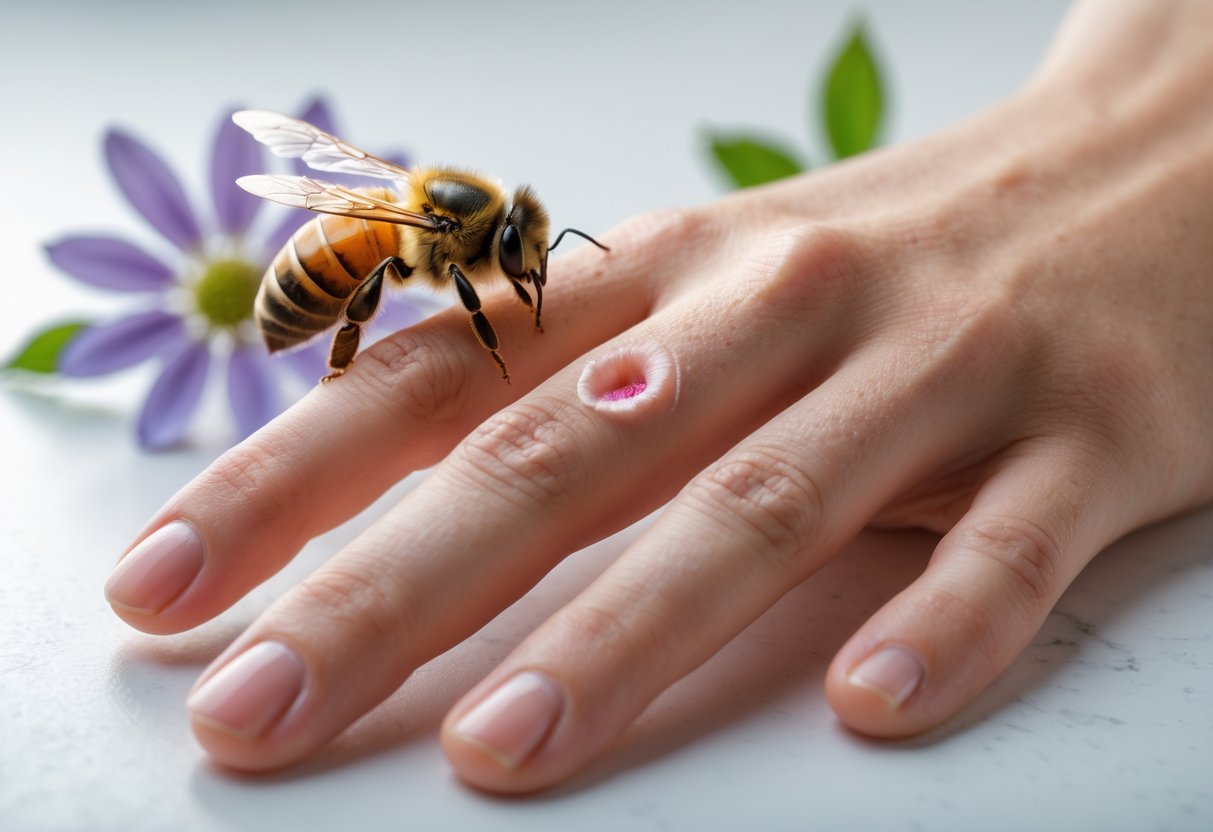 Close-up of a hand with a visible bee sting and mild redness, with a bee on a flower in the background.