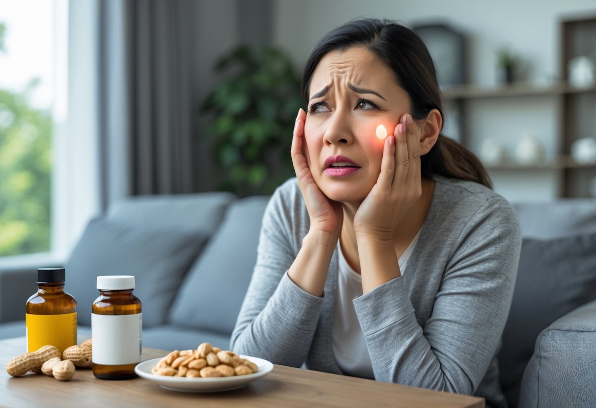 A woman sitting in a living room holding her swollen cheek, appearing to have an allergic reaction, with a smartphone showing an emergency call screen nearby.