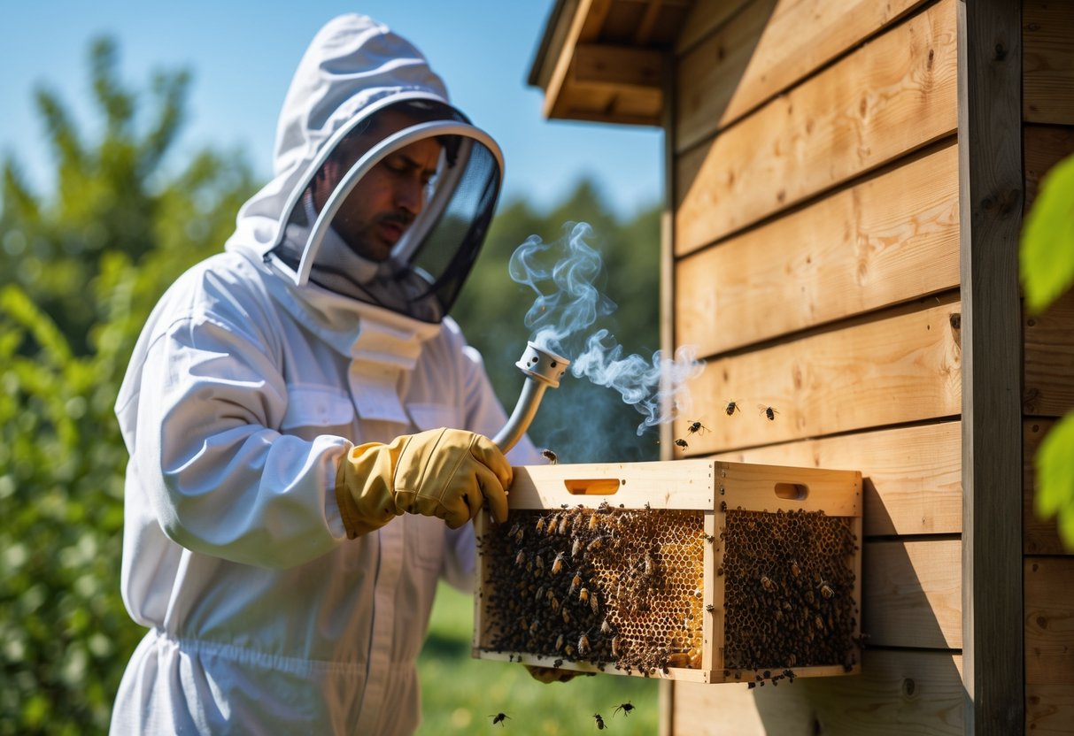 A person in protective gear removing a beehive from the side of a wooden house using a smoker tool on a sunny day.