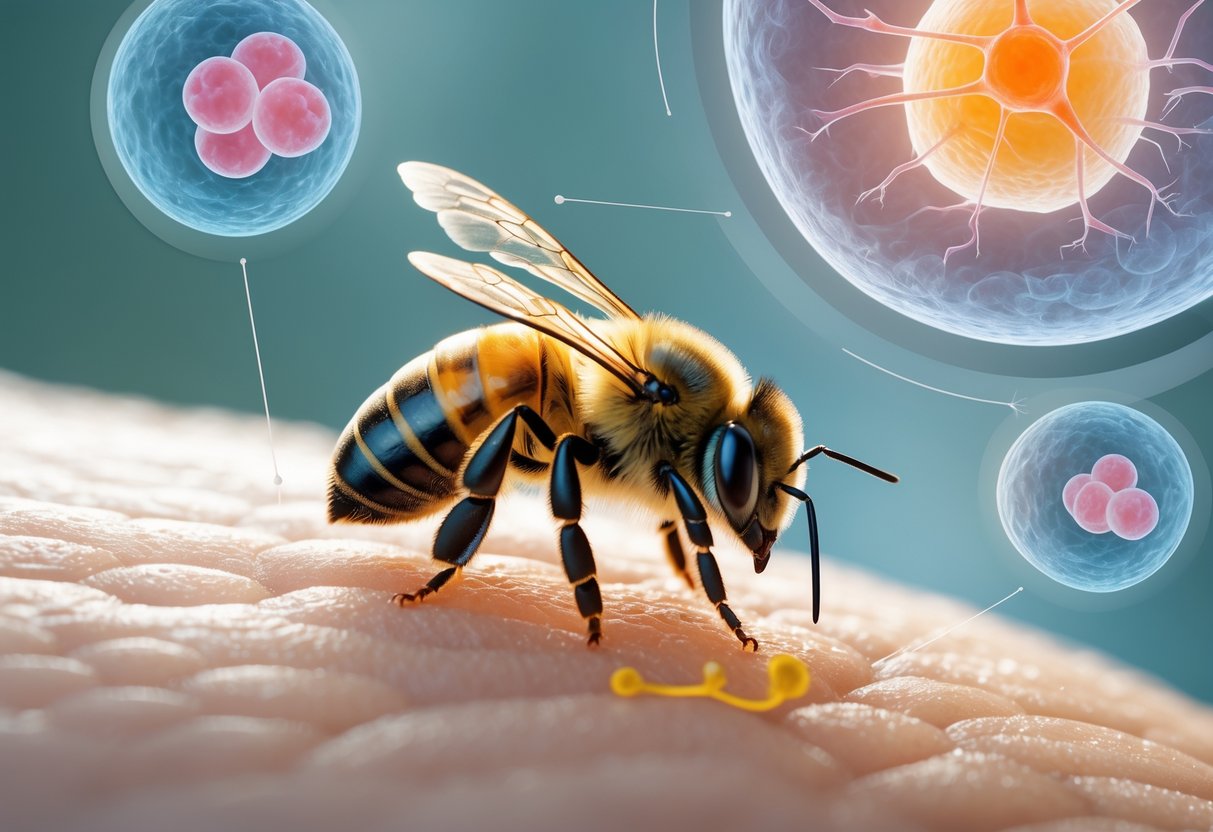 A honeybee landing on human skin with a small red bump forming, alongside faint illustrations of the immune system and inflammation around the skin.