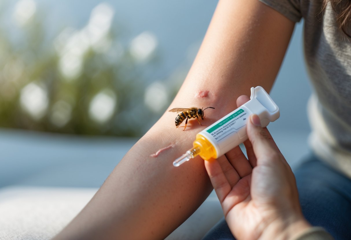 Close-up of a person's arm with a wasp sting and another person holding an epinephrine auto-injector nearby.