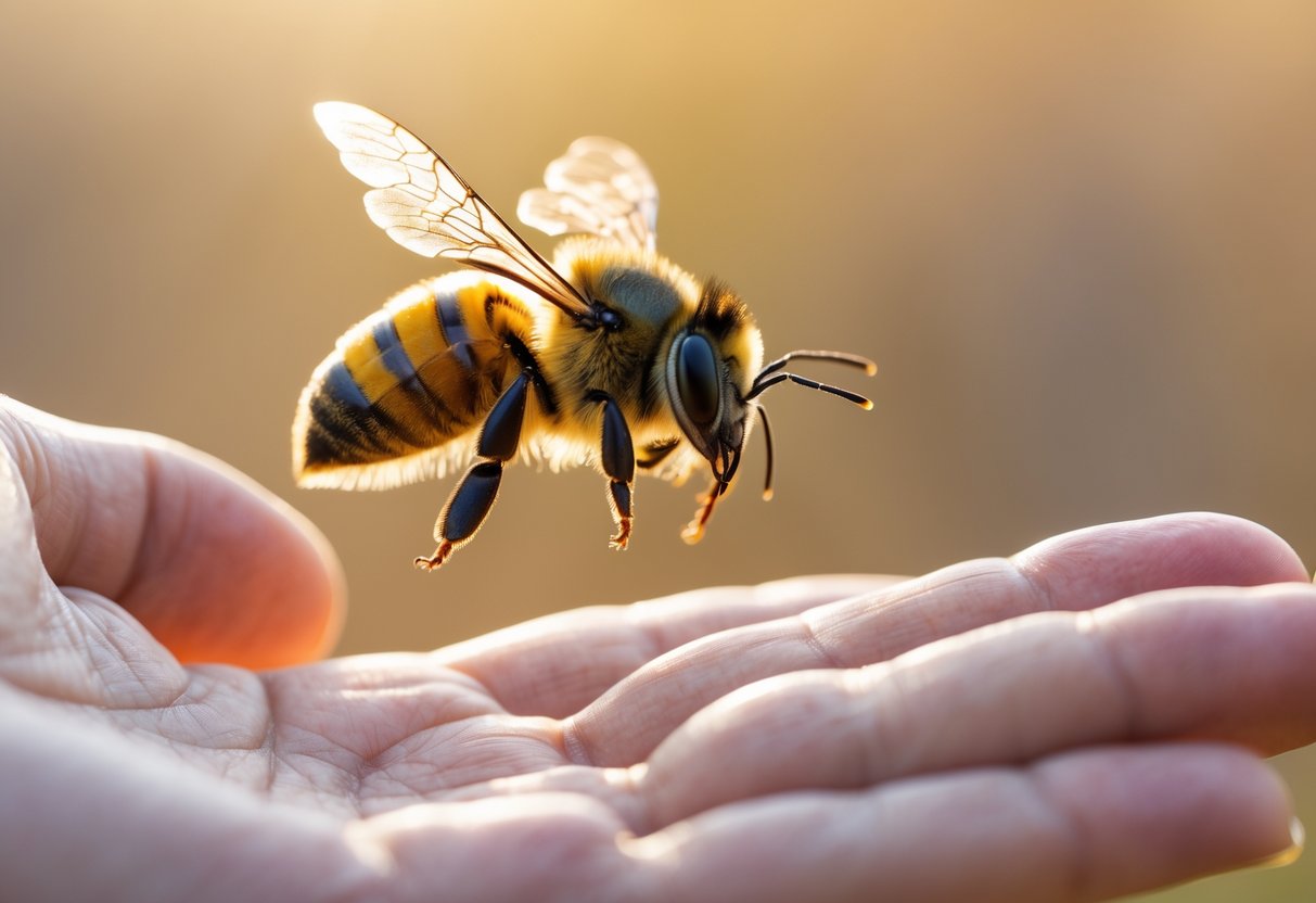 A bee flying close to a person's outstretched hand against a blurred natural background.