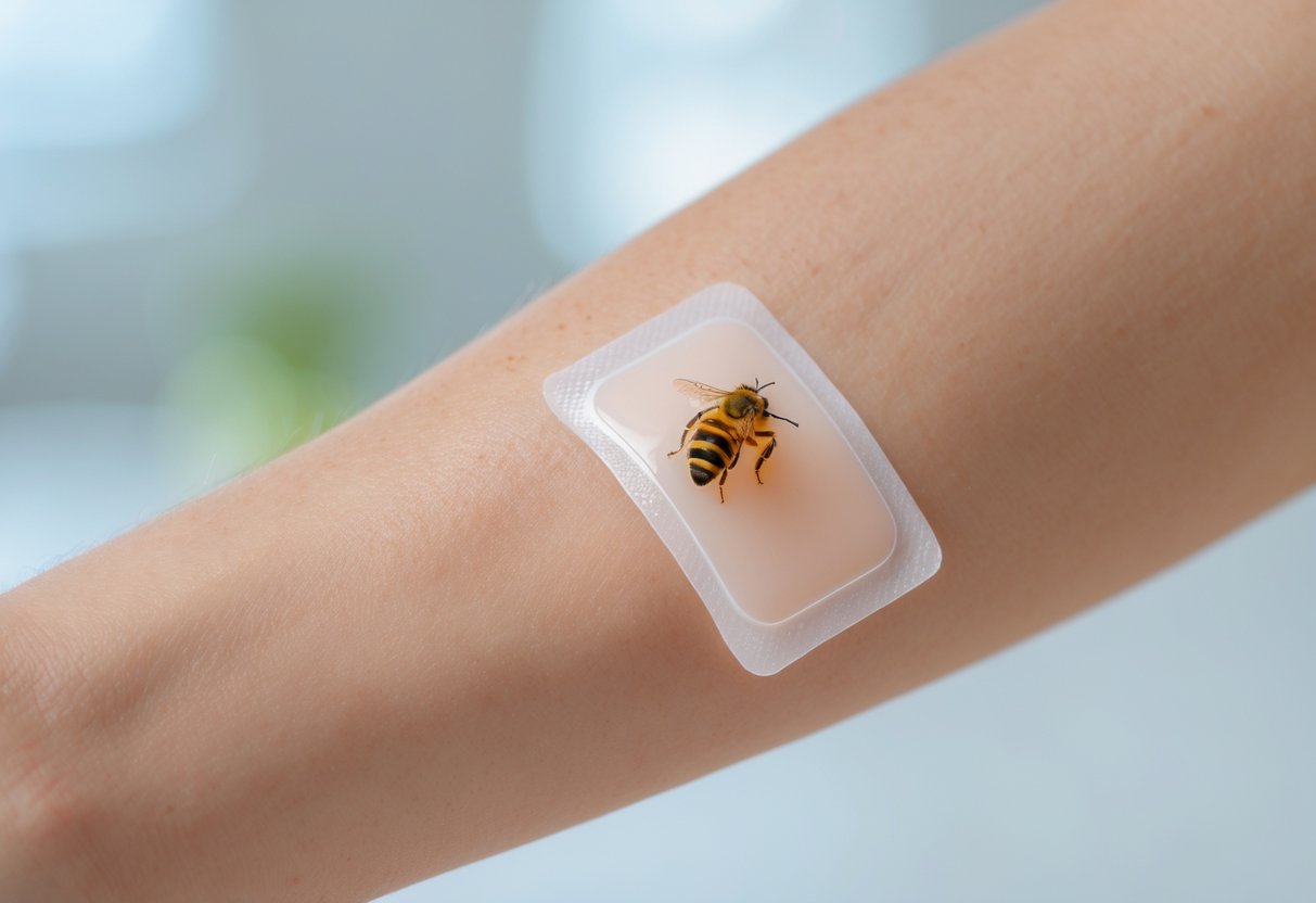 Close-up of a forearm with a small transparent patch applied, showing mild redness and swelling around it.