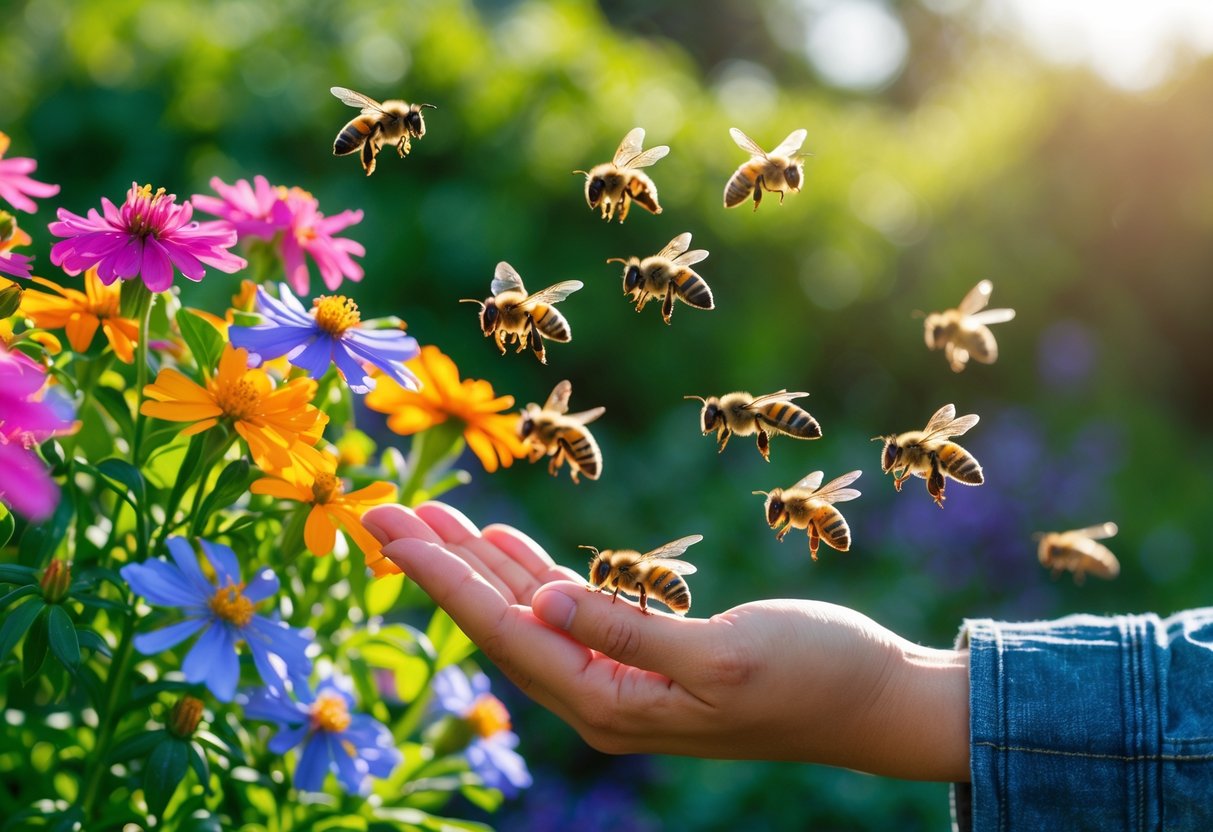 A close-up of a person's hand near colorful flowers with bees flying and landing on them in a sunny garden.