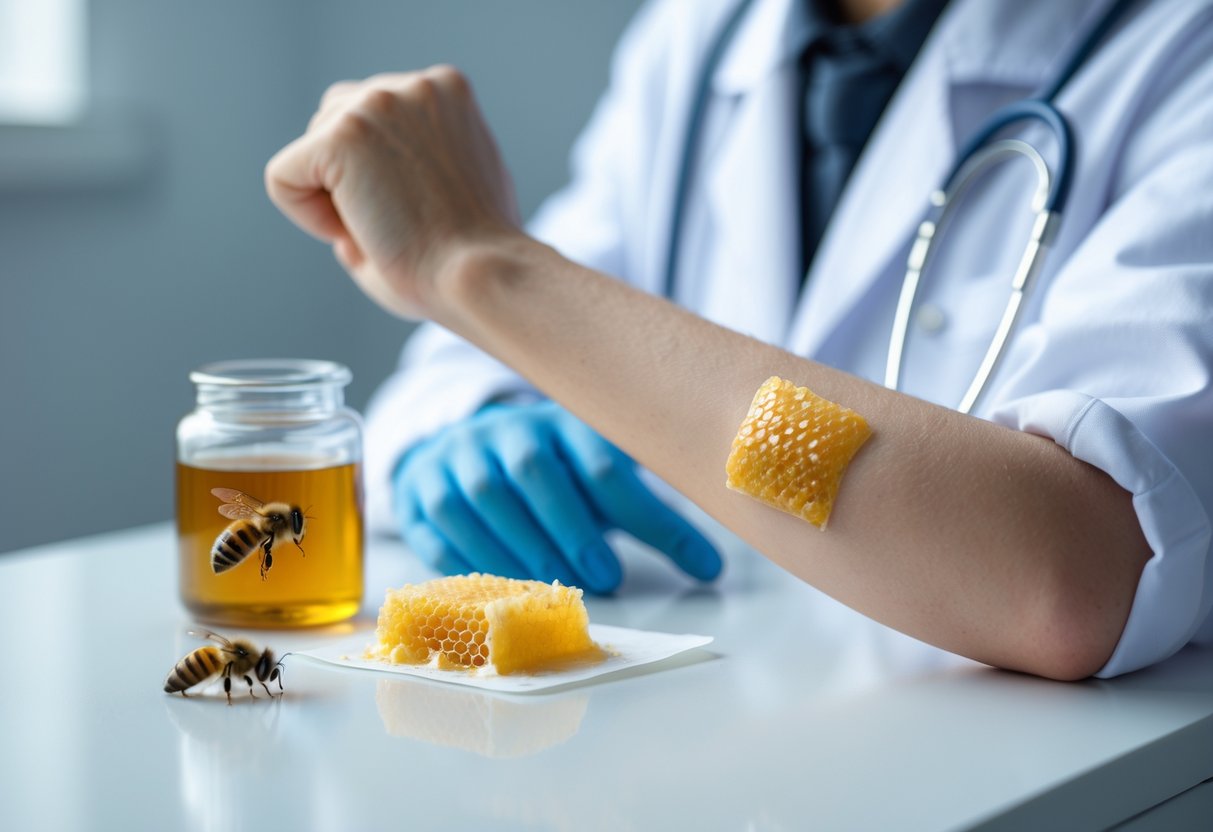 Close-up of a person's arm with a bee venom patch applied, next to honeycomb and bees on a white surface, with a medical professional in the background.