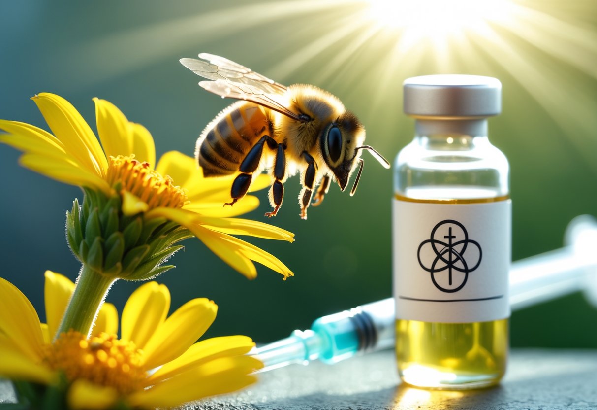 A honeybee on a yellow flower with medical equipment blurred in the background.