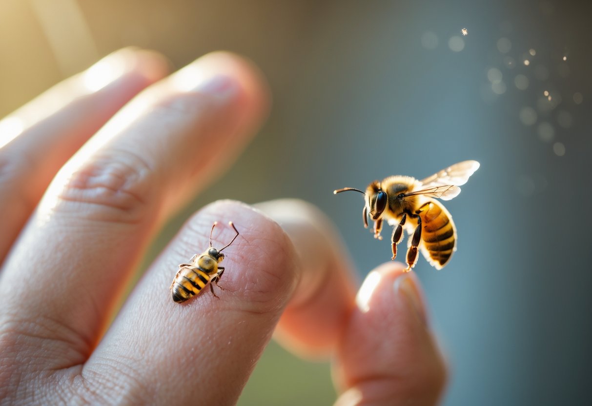 Close-up of a hand with a bee sting showing redness and swelling, with a honeybee flying nearby.